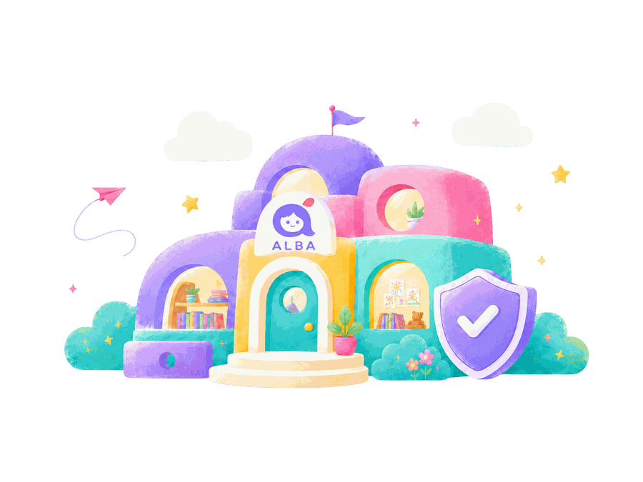 幼儿园园所建筑，配有守护盾牌